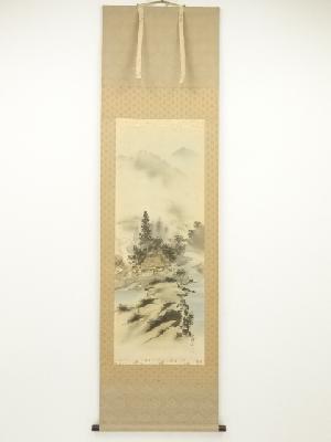 梅友筆　四神相応山水図　肉筆絹本掛軸（共箱）